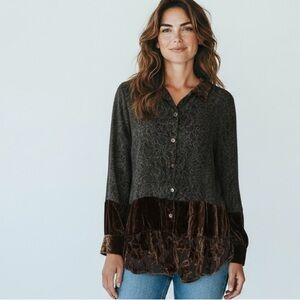 Citron velvet mixed media button down blouse